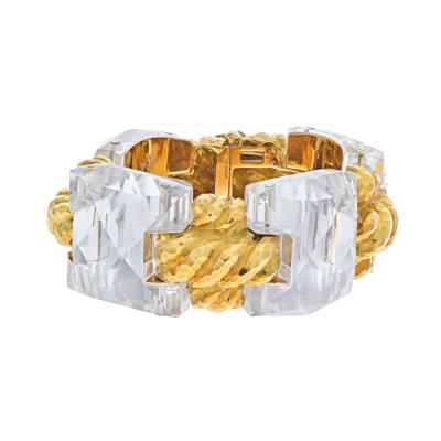 David Webb DAVID WEBB 18K YELLOW GOLD CHECKERBOARD ROCK CRYSTAL WIDE LINK BRACELET