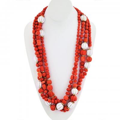 David Webb DAVID WEBB 18K YELLOW GOLD CORAL AND WHITE ENAMEL MULTI STRAND NECKLACE