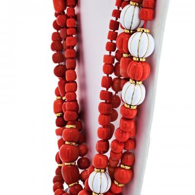 David Webb DAVID WEBB 18K YELLOW GOLD CORAL AND WHITE ENAMEL MULTI STRAND NECKLACE