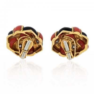 David Webb DAVID WEBB 18K YELLOW GOLD CORAL BLACK ENAMEL AND DIAMOND BOMBE EARRINGS