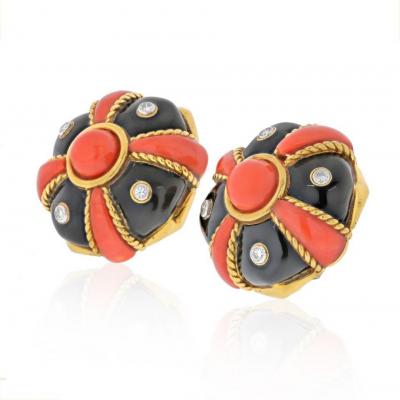 David Webb DAVID WEBB 18K YELLOW GOLD CORAL BLACK ENAMEL AND DIAMOND BOMBE EARRINGS