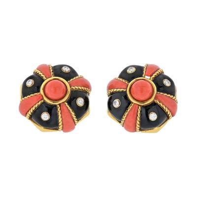 David Webb DAVID WEBB 18K YELLOW GOLD CORAL BLACK ENAMEL AND DIAMOND BOMBE EARRINGS