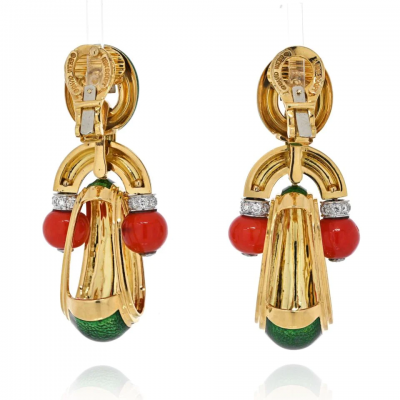David Webb DAVID WEBB 18K YELLOW GOLD CORAL GREEN ENAMEL AND DIAMOND DOOR KNOCKER EARRINGS