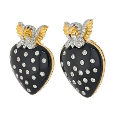 David Webb DAVID WEBB 18K YELLOW GOLD CUPID BLACK ENAMEL DIAMOND STUDED HEART CLIP EARRINGS