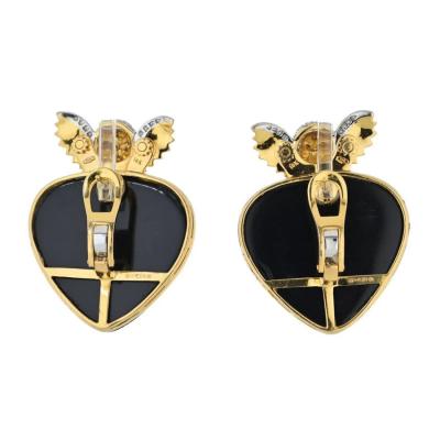 David Webb DAVID WEBB 18K YELLOW GOLD CUPID BLACK ENAMEL DIAMOND STUDED HEART CLIP EARRINGS