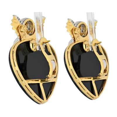 David Webb DAVID WEBB 18K YELLOW GOLD CUPID BLACK ENAMEL DIAMOND STUDED HEART CLIP EARRINGS