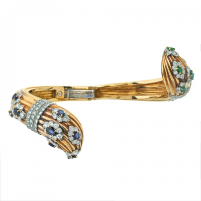 David Webb DAVID WEBB 18K YELLOW GOLD DIAMOND AND GEMSET BYPASS BRACELET