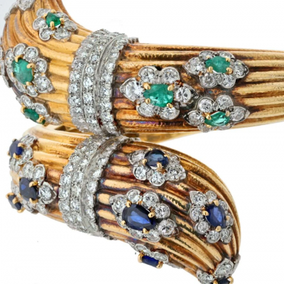 David Webb DAVID WEBB 18K YELLOW GOLD DIAMOND AND GEMSET BYPASS BRACELET