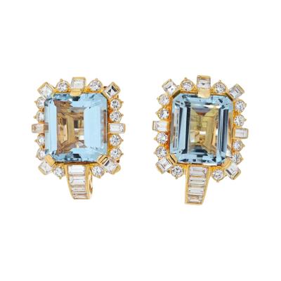 David Webb DAVID WEBB 18K YELLOW GOLD DIAMOND AQUAMARINE SQUARE SHAPED EARRINGS