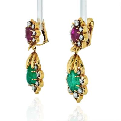 David Webb DAVID WEBB 18K YELLOW GOLD DIAMOND EMERALD RUBY EARRINGS