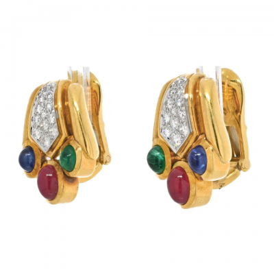 David Webb DAVID WEBB 18K YELLOW GOLD DIAMOND EMERALD SAPPHIRE AND GREEN EARRINGS