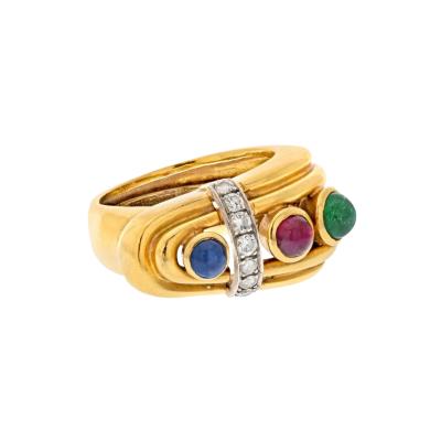 David Webb DAVID WEBB 18K YELLOW GOLD DIAMOND SAPPHIRE RUBY AND EMERALD BUCKLE RING