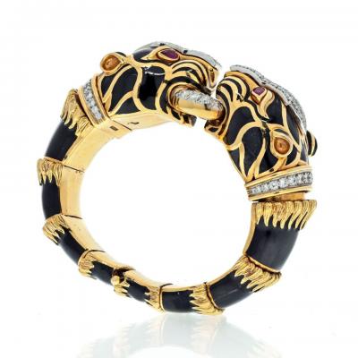 David Webb DAVID WEBB 18K YELLOW GOLD DOUBLE HEAD PANTHERES IN BLACK ENAMEL BRACELET