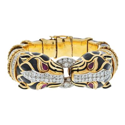David Webb DAVID WEBB 18K YELLOW GOLD DOUBLE HEAD PANTHERES IN BLACK ENAMEL BRACELET