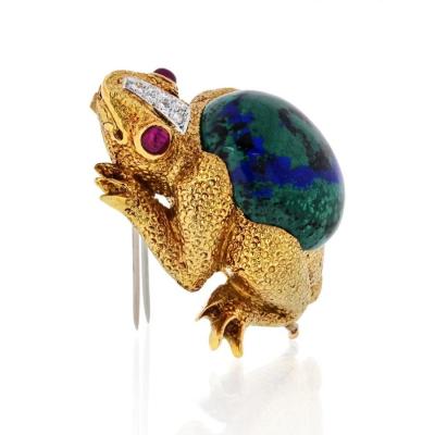 David Webb DAVID WEBB 18K YELLOW GOLD FROG WITH AZURITE MALACHITE DIAMONDS RUBY BROOCH