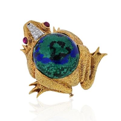 David Webb DAVID WEBB 18K YELLOW GOLD FROG WITH AZURITE MALACHITE DIAMONDS RUBY BROOCH