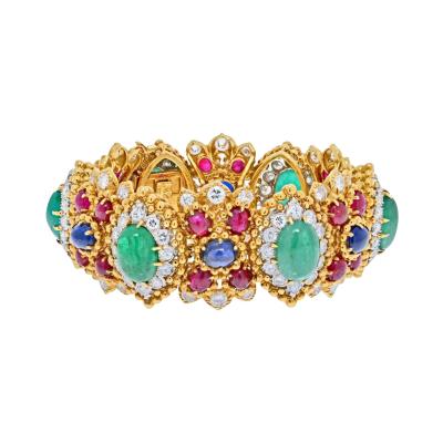 David Webb DAVID WEBB 18K YELLOW GOLD GREEN EMERALD CABOCHON RUBY AND DIAMOND BRACELET