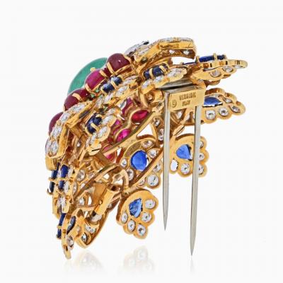 David Webb DAVID WEBB 18K YELLOW GOLD HERALDIC GREEN EMERALD RUBY AND DIAMOND BROOCH