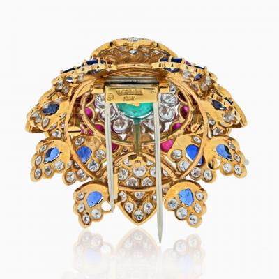 David Webb DAVID WEBB 18K YELLOW GOLD HERALDIC GREEN EMERALD RUBY AND DIAMOND BROOCH