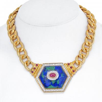 David Webb DAVID WEBB 18K YELLOW GOLD HEXAGONAL SHAPED AZURMALACHITE NECKLACE