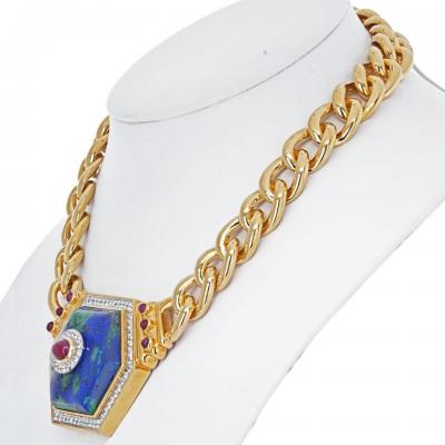 David Webb DAVID WEBB 18K YELLOW GOLD HEXAGONAL SHAPED AZURMALACHITE NECKLACE
