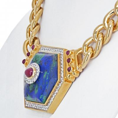 David Webb DAVID WEBB 18K YELLOW GOLD HEXAGONAL SHAPED AZURMALACHITE NECKLACE