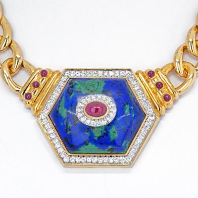 David Webb DAVID WEBB 18K YELLOW GOLD HEXAGONAL SHAPED AZURMALACHITE NECKLACE