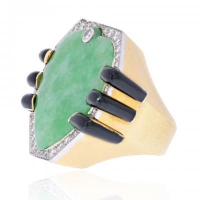 David Webb DAVID WEBB 18K YELLOW GOLD JADE DIAMOND BLACK ENAMEL STATEMENT RING