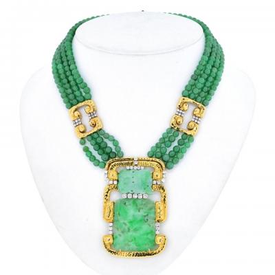 David Webb DAVID WEBB 18K YELLOW GOLD MULTI STRAND JADE MEDALLION AND DIAMOND NECKLACE