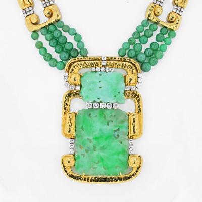 David Webb DAVID WEBB 18K YELLOW GOLD MULTI STRAND JADE MEDALLION AND DIAMOND NECKLACE
