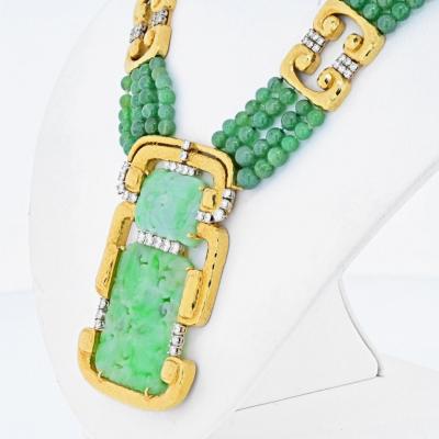 David Webb DAVID WEBB 18K YELLOW GOLD MULTI STRAND JADE MEDALLION AND DIAMOND NECKLACE