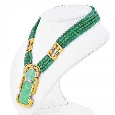 David Webb DAVID WEBB 18K YELLOW GOLD MULTI STRAND JADE MEDALLION AND DIAMOND NECKLACE