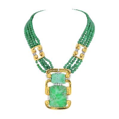 David Webb DAVID WEBB 18K YELLOW GOLD MULTI STRAND JADE MEDALLION AND DIAMOND NECKLACE