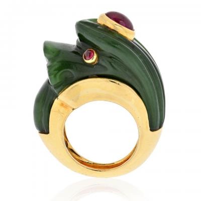 David Webb DAVID WEBB 18K YELLOW GOLD NEPHRITE RUBY LION RING