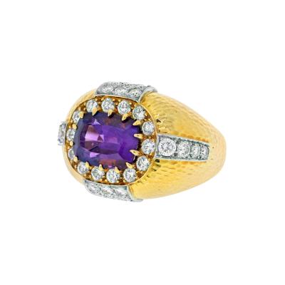 David Webb DAVID WEBB 18K YELLOW GOLD OVAL AMETHYST AND DIAMOND HAMMERED FINISH RING