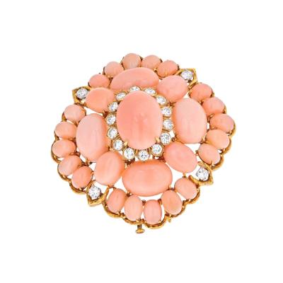David Webb DAVID WEBB 18K YELLOW GOLD PINK CORAL CLUSTER AND DIAMOND BROOCH