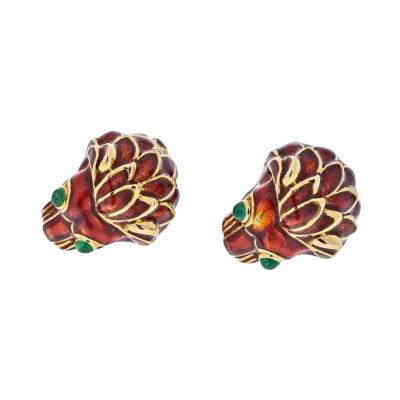 David Webb DAVID WEBB 18K YELLOW GOLD RED ENAMEL LION HEADS CUFF LINKS