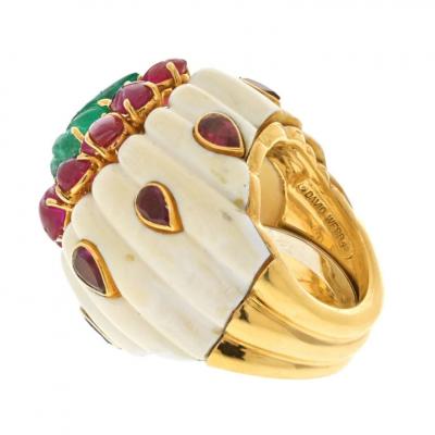 David Webb DAVID WEBB 18K YELLOW GOLD RUBY EMERALD FLUTTED BOMBE STYLE RING