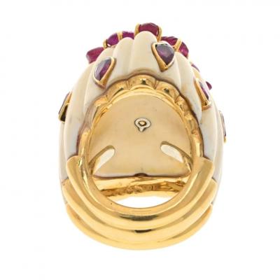 David Webb DAVID WEBB 18K YELLOW GOLD RUBY EMERALD FLUTTED BOMBE STYLE RING