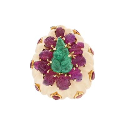 David Webb DAVID WEBB 18K YELLOW GOLD RUBY EMERALD FLUTTED BOMBE STYLE RING