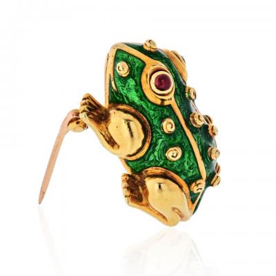 David Webb DAVID WEBB 18K YELLOW GOLD SMALL BABY FROG WITH SPOTS AND RUBY EYES BROOCH