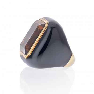 David Webb DAVID WEBB 18K YELLOW GOLD SMOKY QUARTZ AND BLACK ENAMEL RING