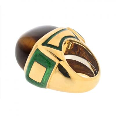 David Webb DAVID WEBB 18K YELLOW GOLD TIGER EYE HIGH POLISHED GREEN ENAMEL COCKTAIL RING