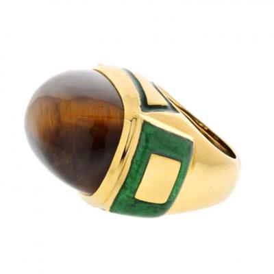 David Webb DAVID WEBB 18K YELLOW GOLD TIGER EYE HIGH POLISHED GREEN ENAMEL COCKTAIL RING