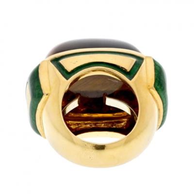 David Webb DAVID WEBB 18K YELLOW GOLD TIGER EYE HIGH POLISHED GREEN ENAMEL COCKTAIL RING