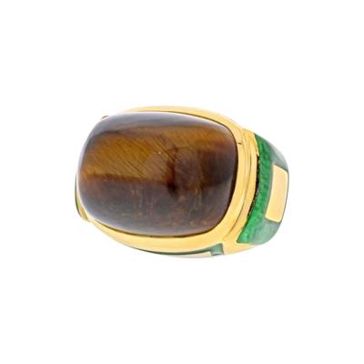 David Webb DAVID WEBB 18K YELLOW GOLD TIGER EYE HIGH POLISHED GREEN ENAMEL COCKTAIL RING