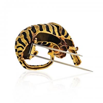 David Webb DAVID WEBB 18K YELLOW GOLD TIGER IN BLACK ENAMEL AND GREEN EMERALD EYES BROOCH