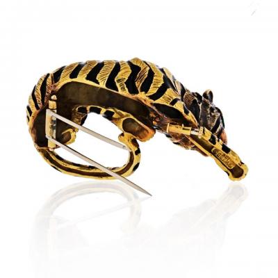 David Webb DAVID WEBB 18K YELLOW GOLD TIGER IN BLACK ENAMEL AND GREEN EMERALD EYES BROOCH