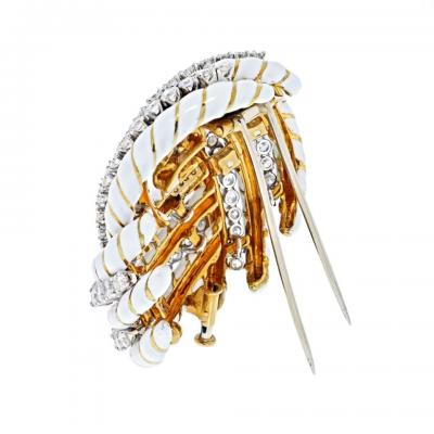 David Webb DAVID WEBB 18K YELLOW GOLD WHITE ENAMEL AND 8 00CTTW DIAMOND KNOT BROOCH