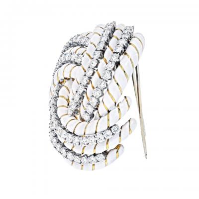 David Webb DAVID WEBB 18K YELLOW GOLD WHITE ENAMEL AND 8 00CTTW DIAMOND KNOT BROOCH